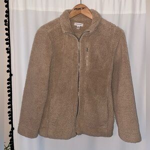 Calvin Klein Sherpa jacket full zip tan women’s S small gold zipper fluffy zip u